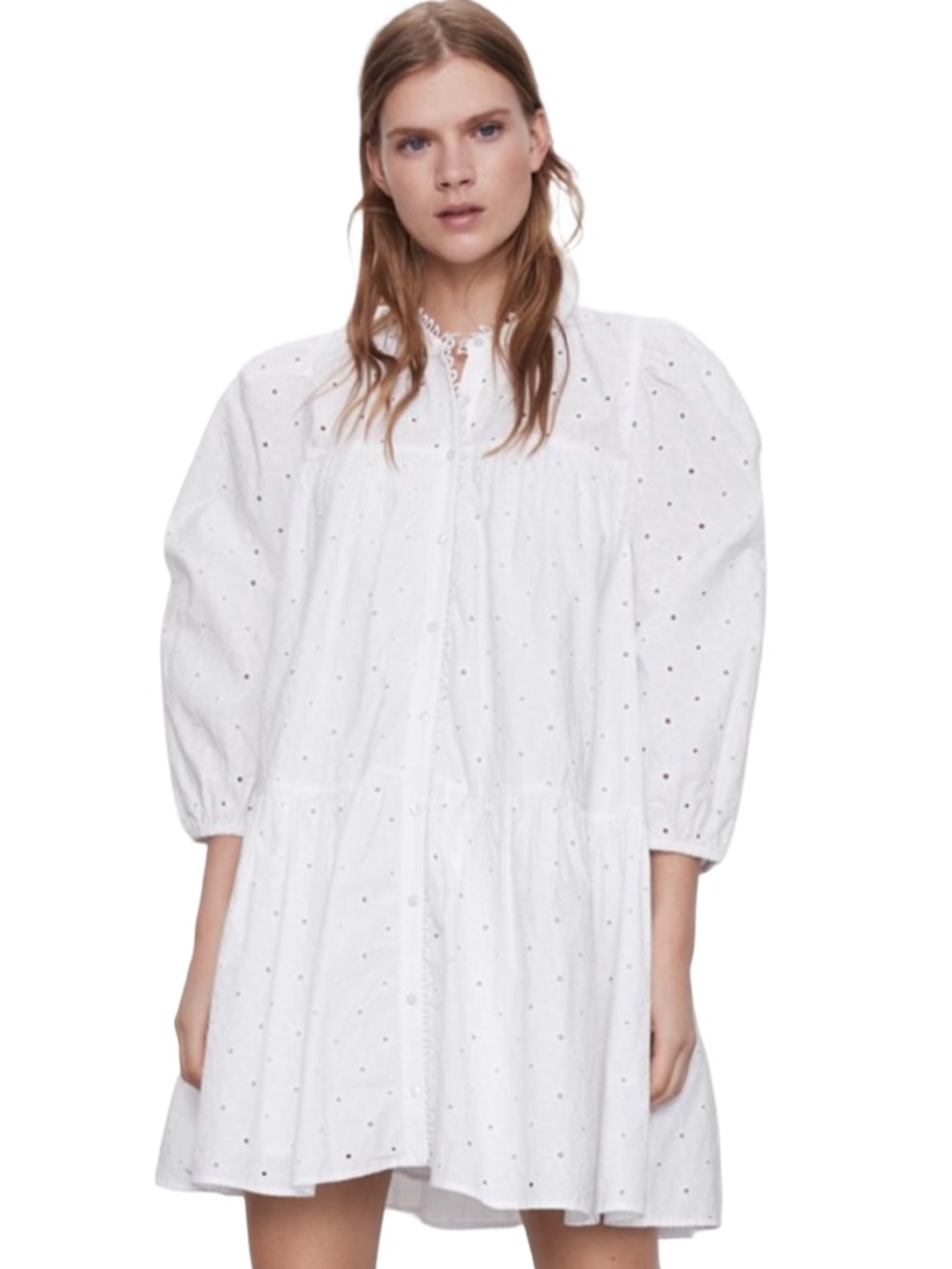 Zara White Embroidered Floral Eyelet Tiered Cotton Summer Mini Dress XS EUC